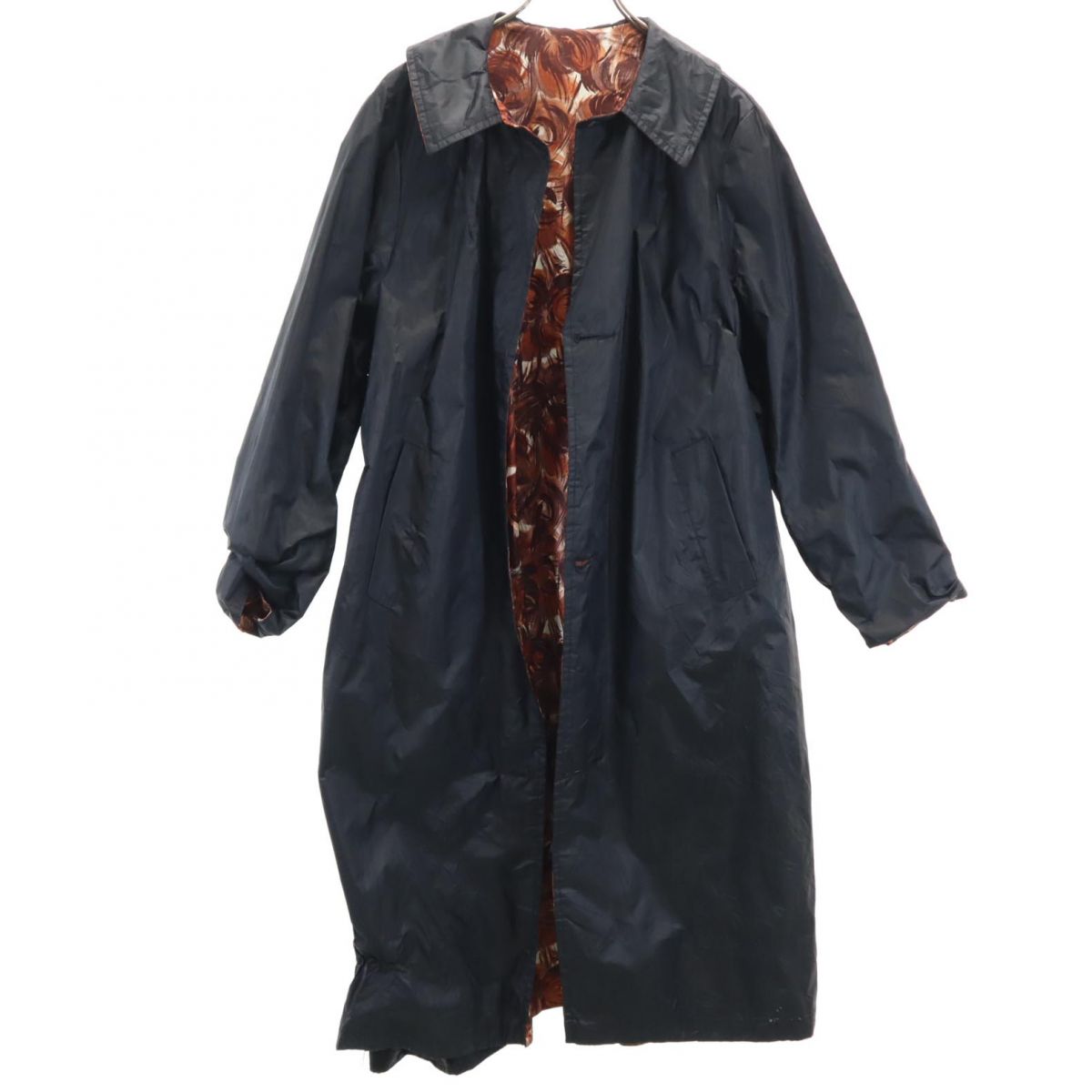 リバーシブル ステンカラーコート ブラック×ブラウン系 総柄 レディース