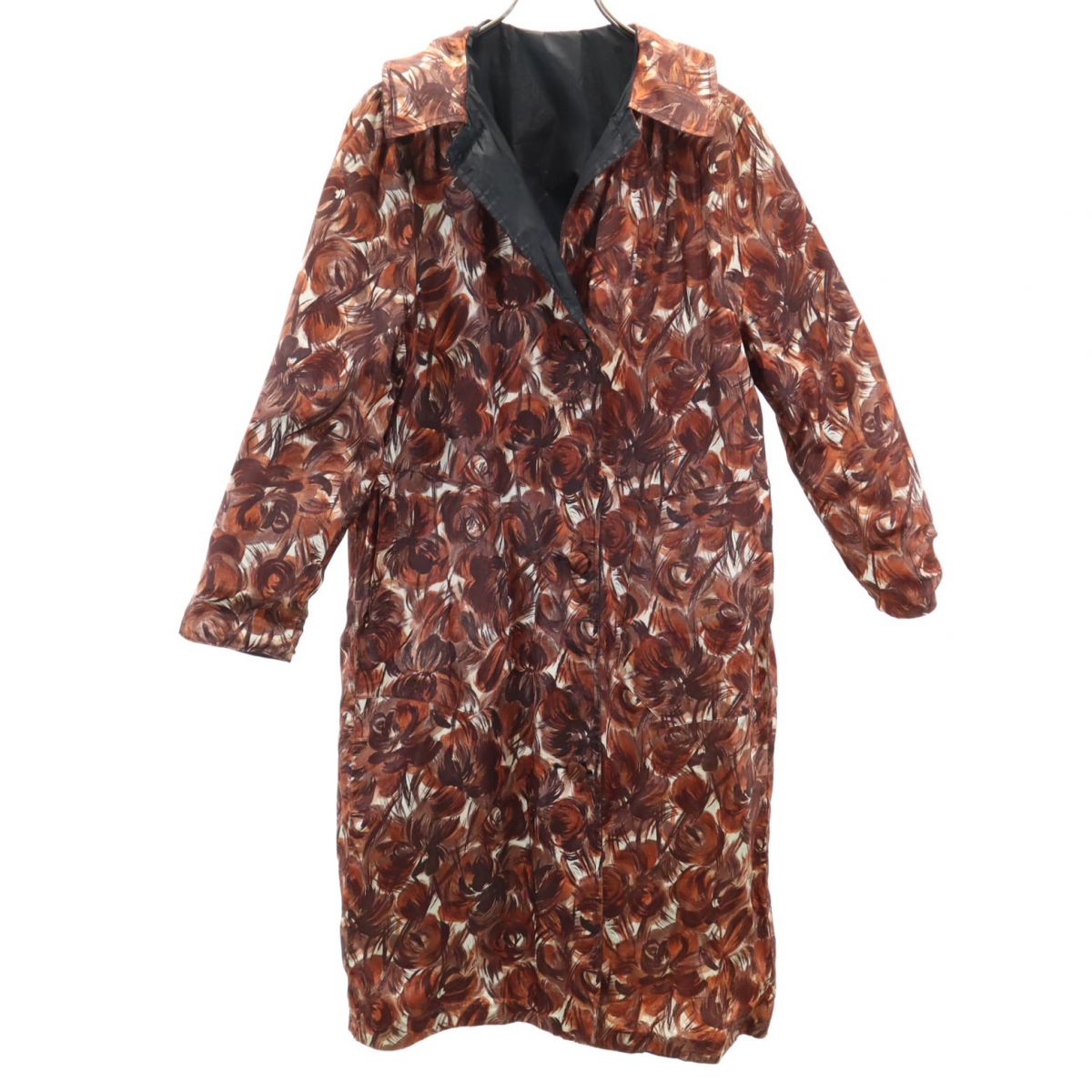 リバーシブル ステンカラーコート ブラック×ブラウン系 総柄 レディース