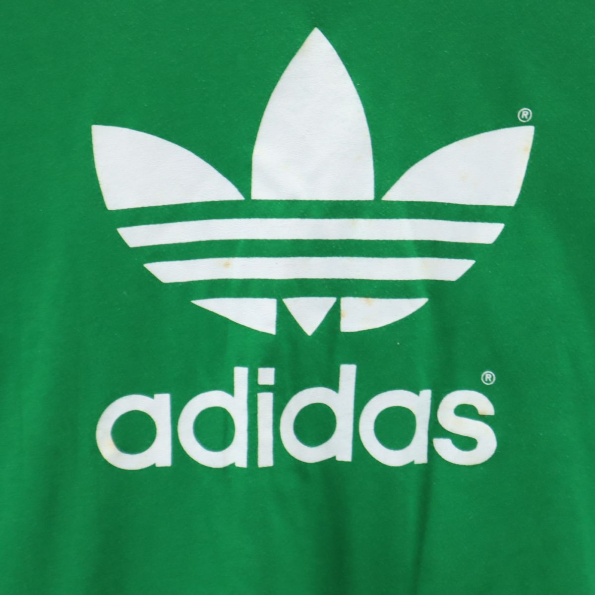 adidas アディダス 70s 80s スペイン製 ヴィンテージ トレフォイルロゴ バックプリント 半袖 Tシャツ グリーン ビックサイズ メンズ