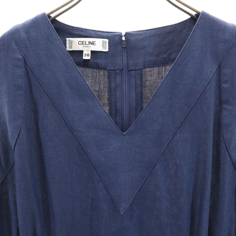 CELINE セリーヌ フランス製 ノースリーブ リネン ミニワンピース 38 ネイビー レディース
