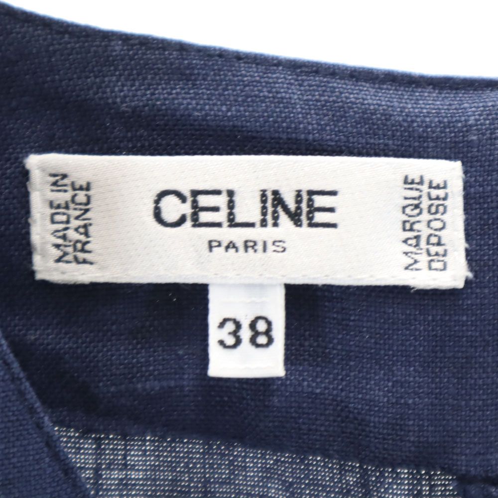 CELINE セリーヌ フランス製 ノースリーブ リネン ミニワンピース 38 ネイビー レディース