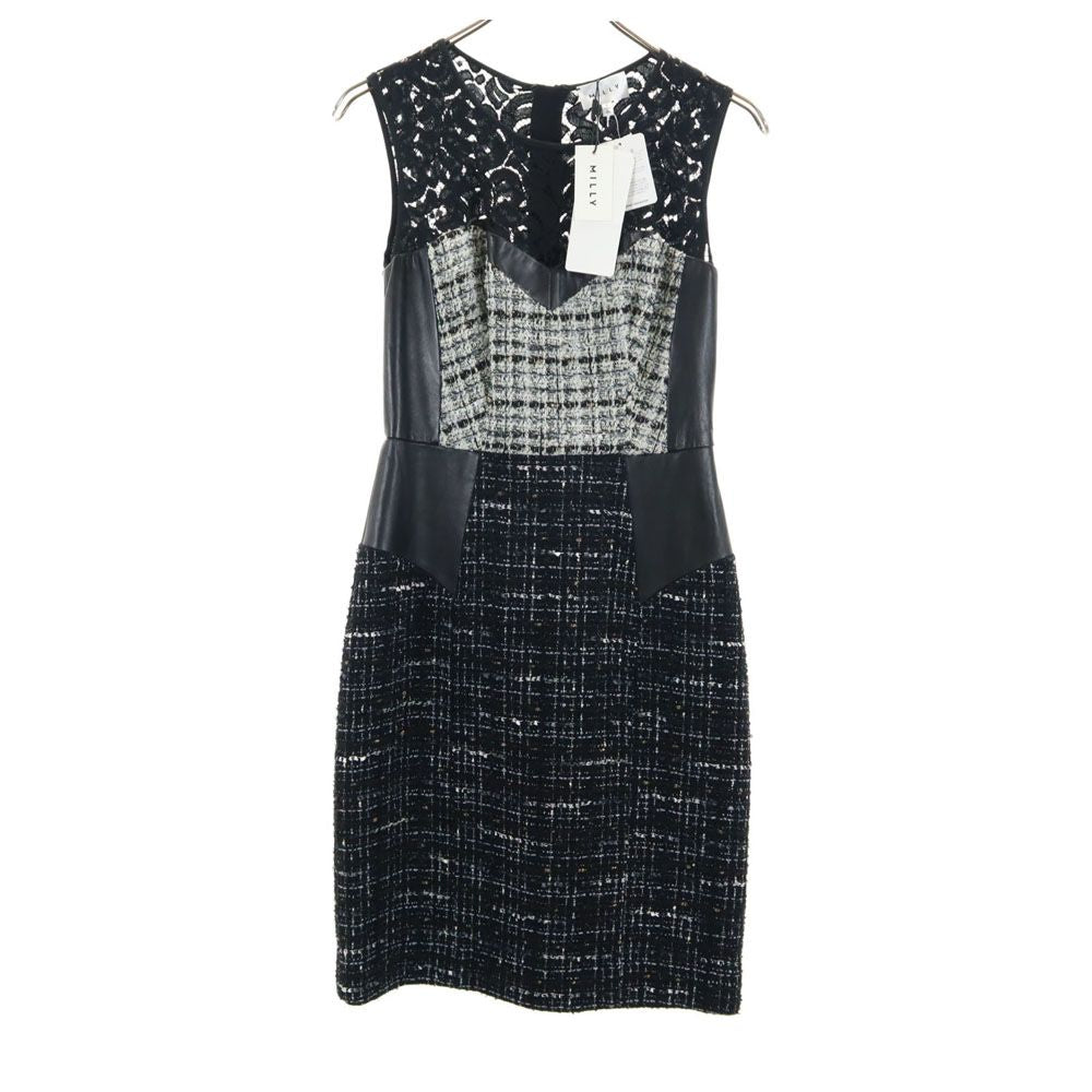 未使用 MILLY ミリー USA製 ノースリーブ レース ツイード切替 ワンピース ブラック レディース