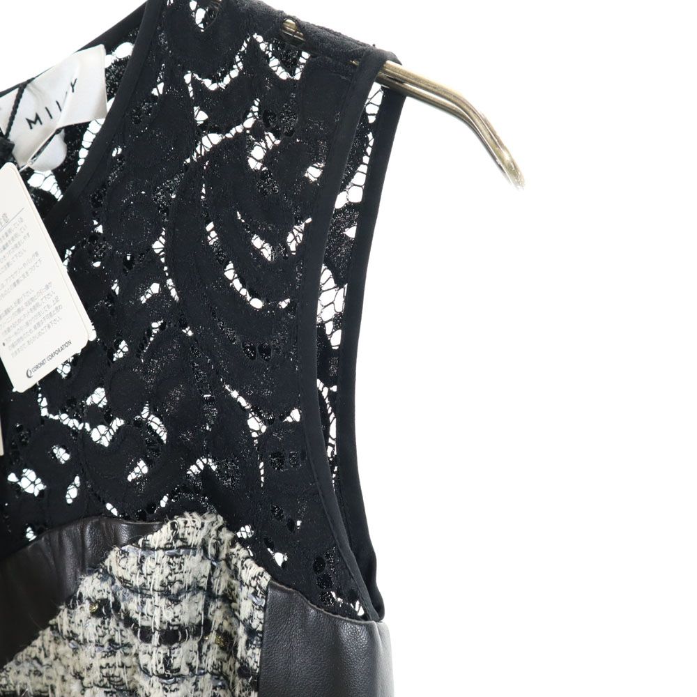 未使用 MILLY ミリー USA製 ノースリーブ レース ツイード切替 ワンピース ブラック レディース