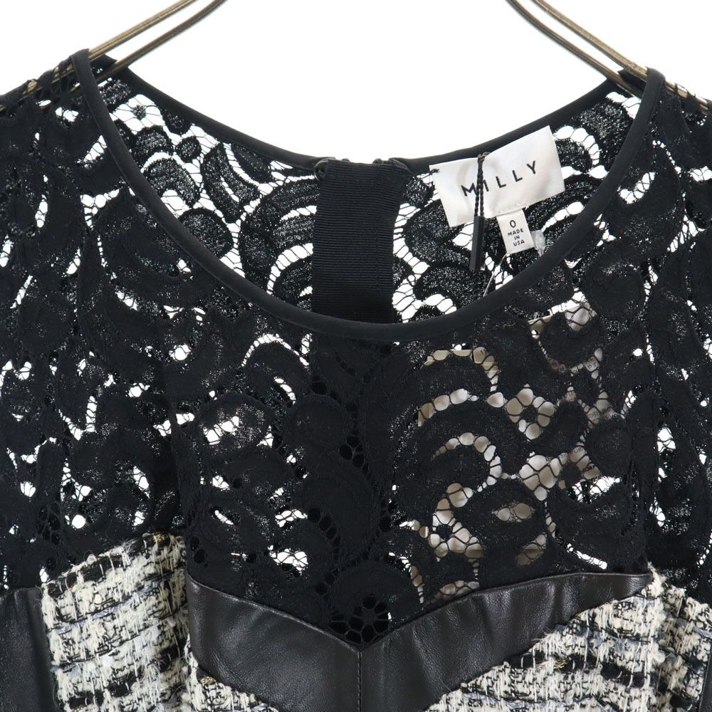 未使用 MILLY ミリー USA製 ノースリーブ レース ツイード切替 ワンピース ブラック レディース
