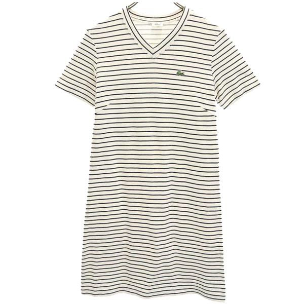 LACOSTE ラコステ ボーダー柄 半袖 Vネック ワンピース 40 白×黒 レディース