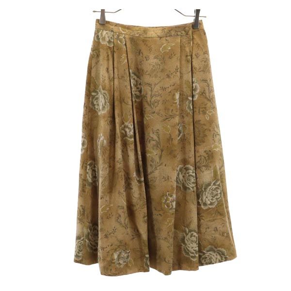 Burberrys バーバリーズ 90s オールド シルクブレンド 花柄 ミモレ丈 タック スカート 9 ブラウン系 レディース