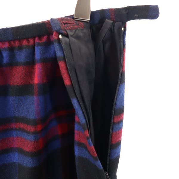 LANVIN ランバン 90s オールド フランス製 ウール100% チェック柄 ミディスカート 38 ネイビー系 サイドジップ レディース