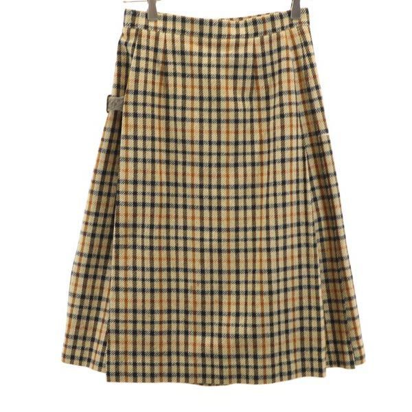 DAKS ダックス チェック柄 ミディ丈 ラップ プリーツスカート 63-90 ブラウン系 レディース