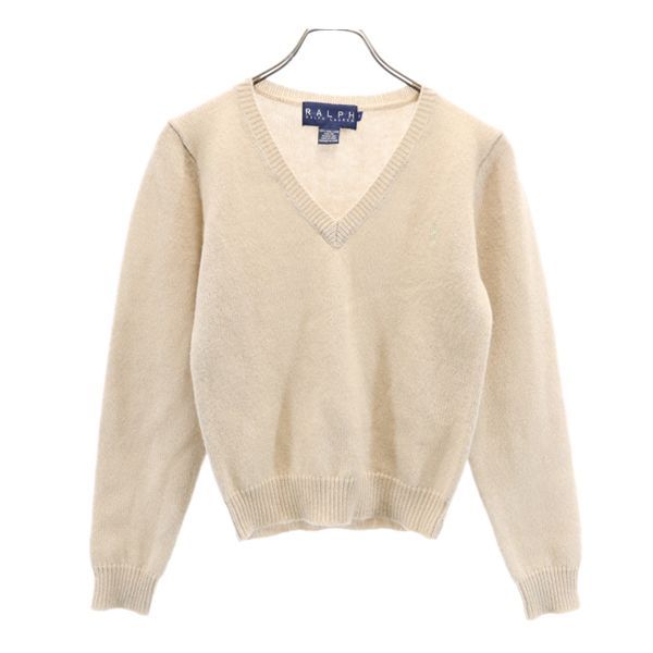 RALPH LAUREN ラルフローレン ワンポイント刺繍 長袖 Vネック セーター S ベージュ系 ニット レディース