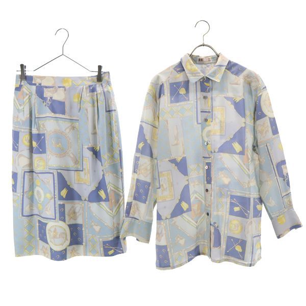 DAKS ダックス シルクブレンド 乗馬柄 長袖 シャツ 上下 セットアップ 9R ブルー系 スカート レディース