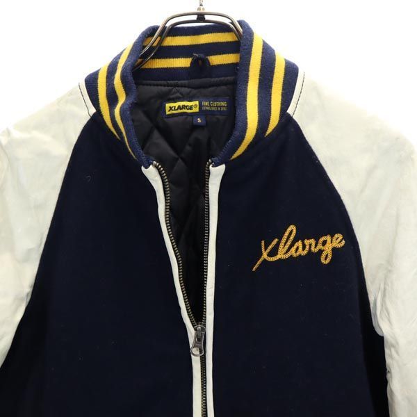 XLARGE エクストララージ ウールブレンド スタジャン S 紺 羊革レザー袖 皮 メンズ