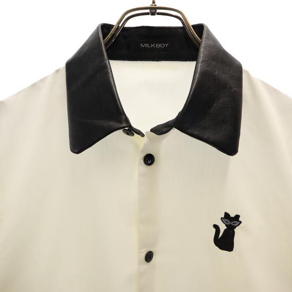 ミルクボーイ 日本製 猫柄 長袖 フェイクレザー シャツ ホワイト×ブラック MILKBOY レディース