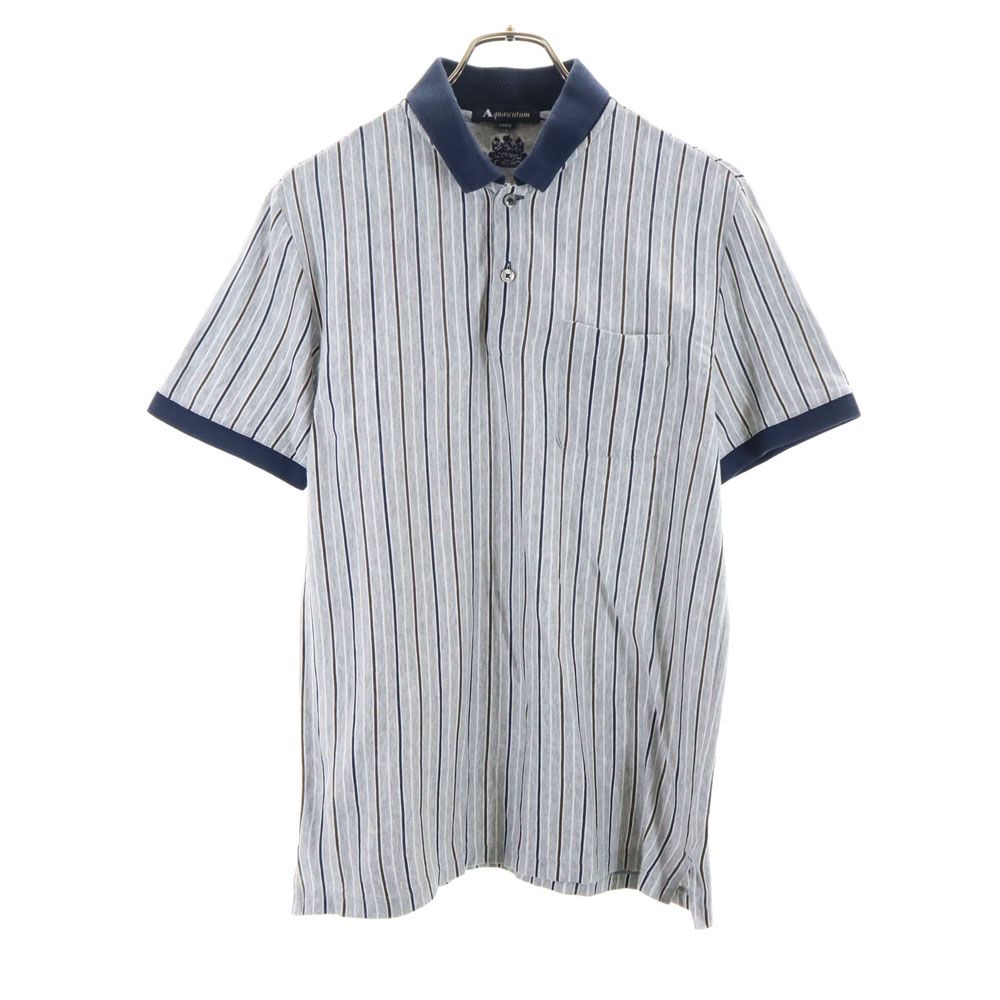 アクアスキュータム 日本製 ストライプ柄 半袖 ポロシャツ L グレー Aquascutum メンズ