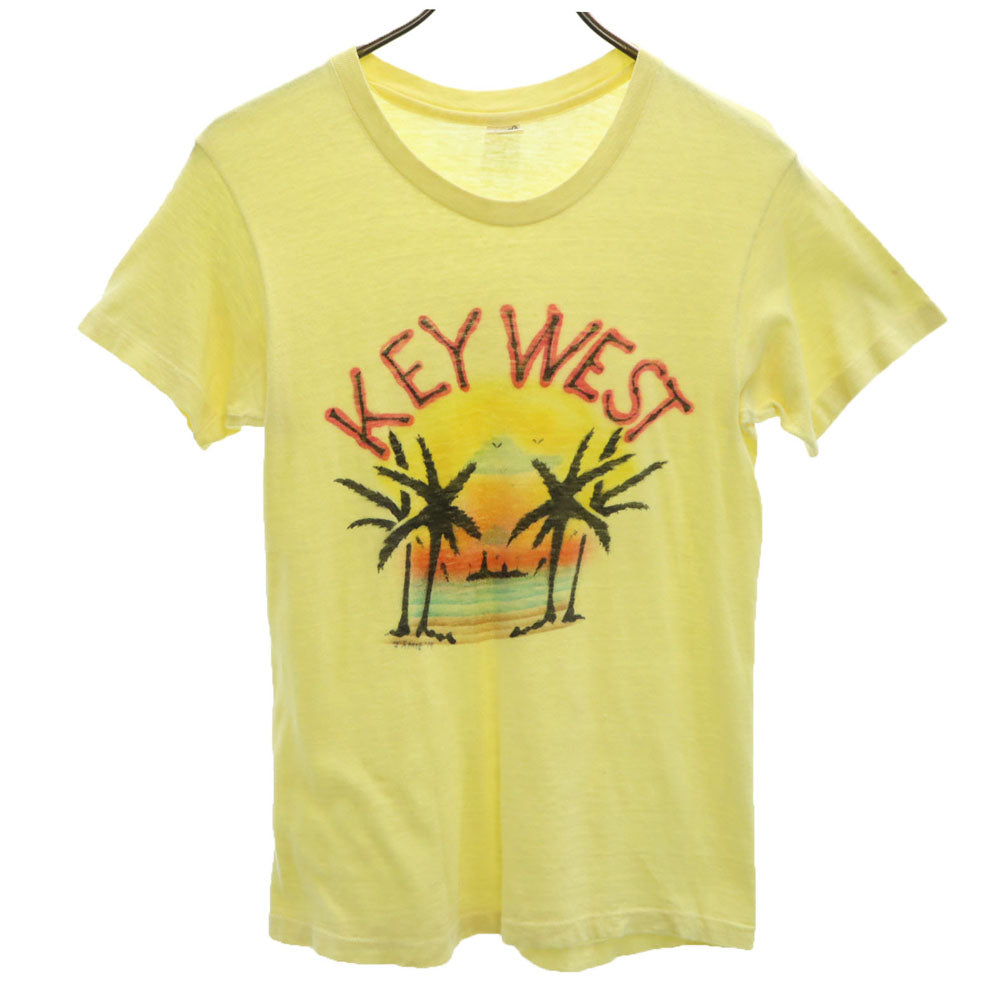 Hanes ヘインズ 70s USA製 オレンジタグ ヴィンテージ プリント 半袖 Tシャツ S 34-36 イエロー メンズ