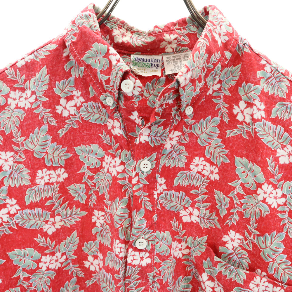 hawaiian 80s 90s USA製 オールド 半袖 リバースプリント ボタンダウン ポロシャツ L レッド系 アロハ メンズ