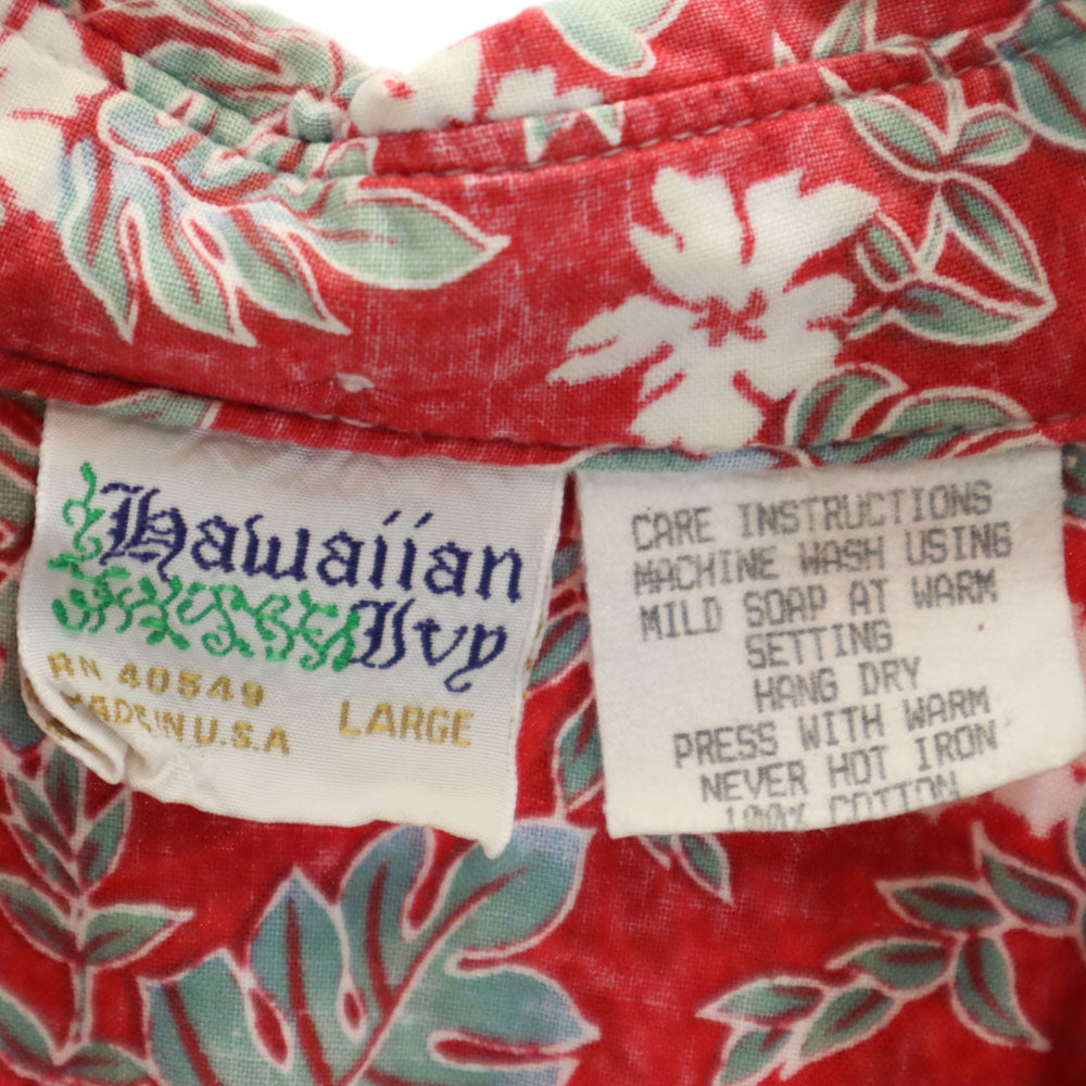 hawaiian 80s 90s USA製 オールド 半袖 リバースプリント ボタンダウン ポロシャツ L レッド系 アロハ メンズ