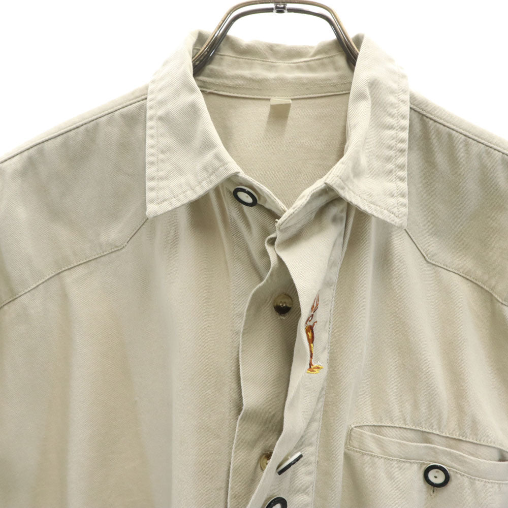 OLD オールド 80s 90s 長袖 コットンシャツ ベージュ 刺繍 メンズ
