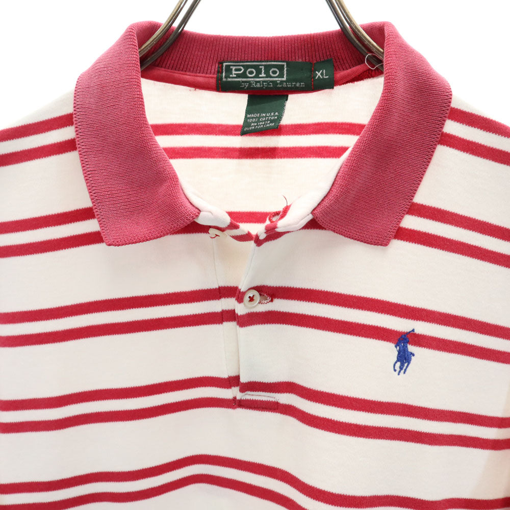 ポロバイラルフローレン 80s USA製 緑タグ ボーイズ ヴィンテージ ボーダー柄 半袖 ポロシャツ XL ホワイト Polo by Ralph Lauren メンズ