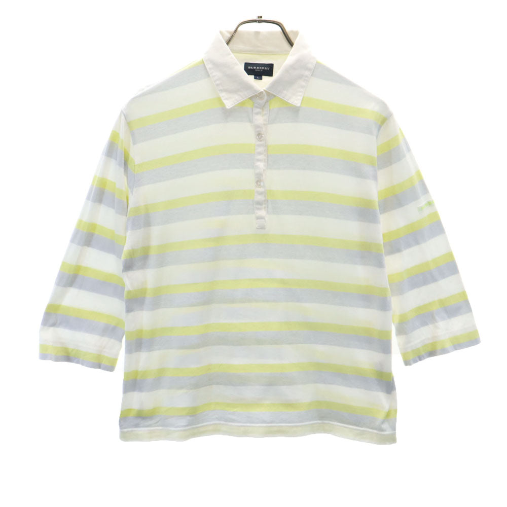 BURBERRY バーバリー 三陽商会 日本製 ボーダー柄 ゴルフ 7分袖 ポロシャツ L ホワイト GOLF レディース