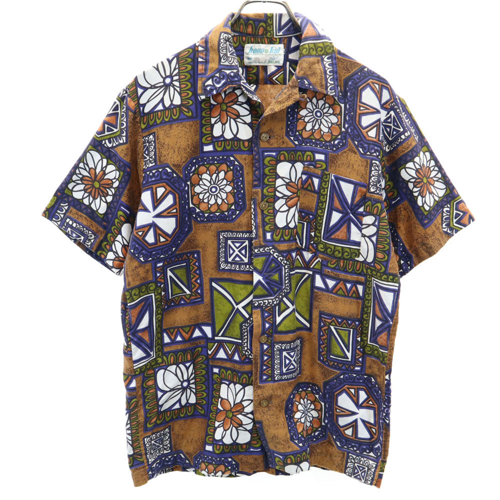 ジャンセン 70s USA製 ヴィンテージ 半袖 オープンカラー アロハシャツ M ブラウン 他 Jantzen 開襟 メンズ