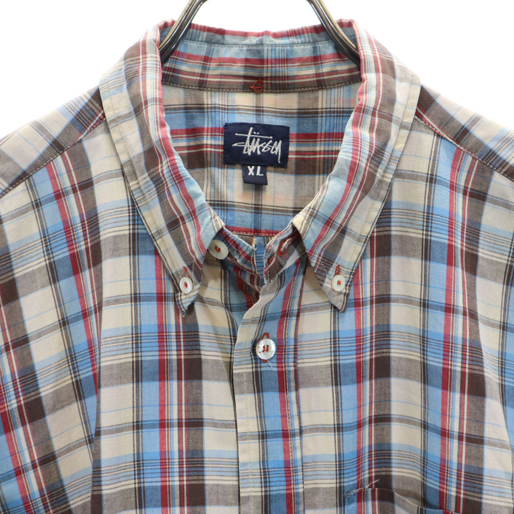 ステューシー 90s USA製 オールド 紺タグ チェック柄 半袖 ボタンダウンシャツ XL STUSSY メンズ