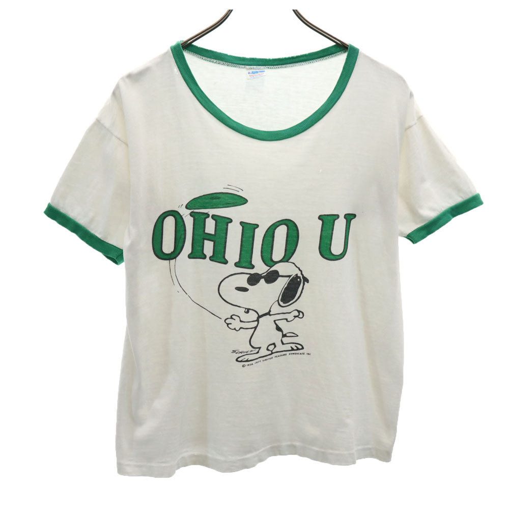 Champion チャンピオン 70s USA製 バータグ スヌーピー カレッジ リンガー 半袖 Tシャツ M 白系 メンズ