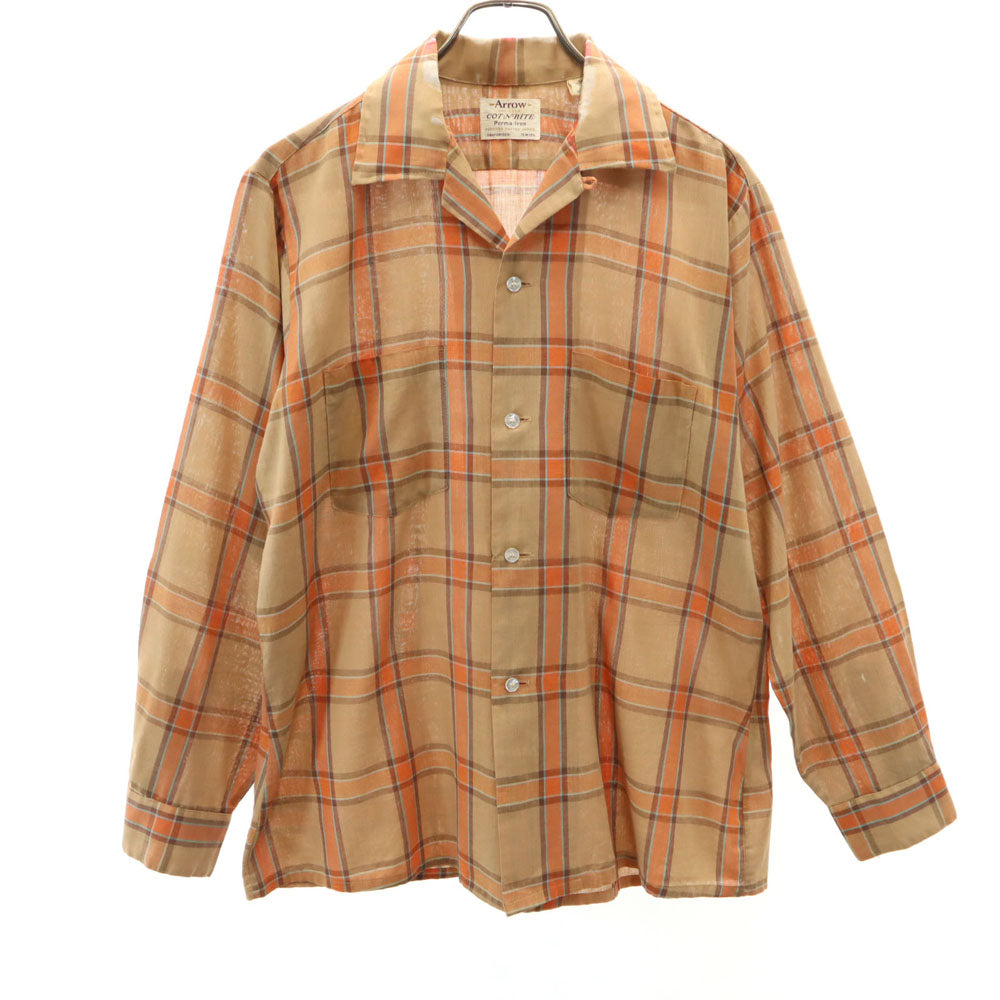 ARROW アロー 60s USA製 ヴィンテージ 開襟 チェック柄 長袖 オープンカラー シャツ M ブラウン系 メンズ
