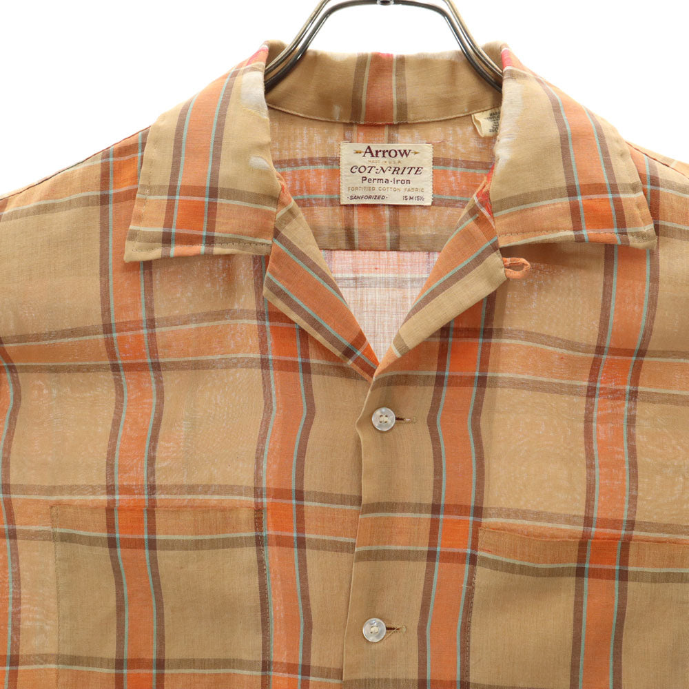 ARROW アロー 60s USA製 ヴィンテージ 開襟 チェック柄 長袖 オープンカラー シャツ M ブラウン系 メンズ