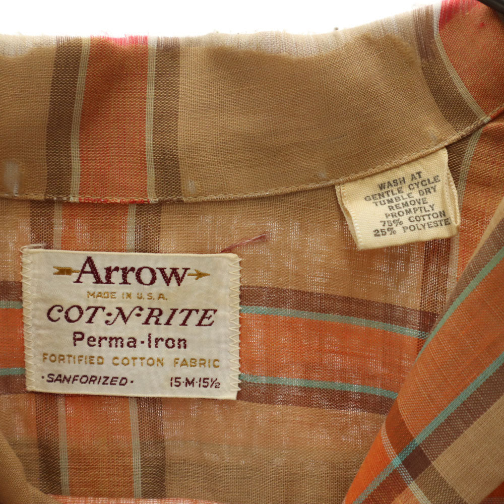 ARROW アロー 60s USA製 ヴィンテージ 開襟 チェック柄 長袖 オープンカラー シャツ M ブラウン系 メンズ
