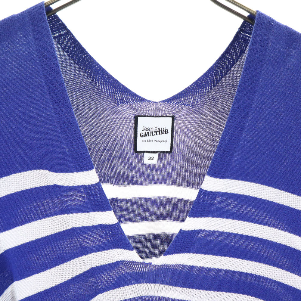 ジャンポールゴルチェ ボーダー柄 長袖 Vネック コットン セーター 38 ブルー系 レディース