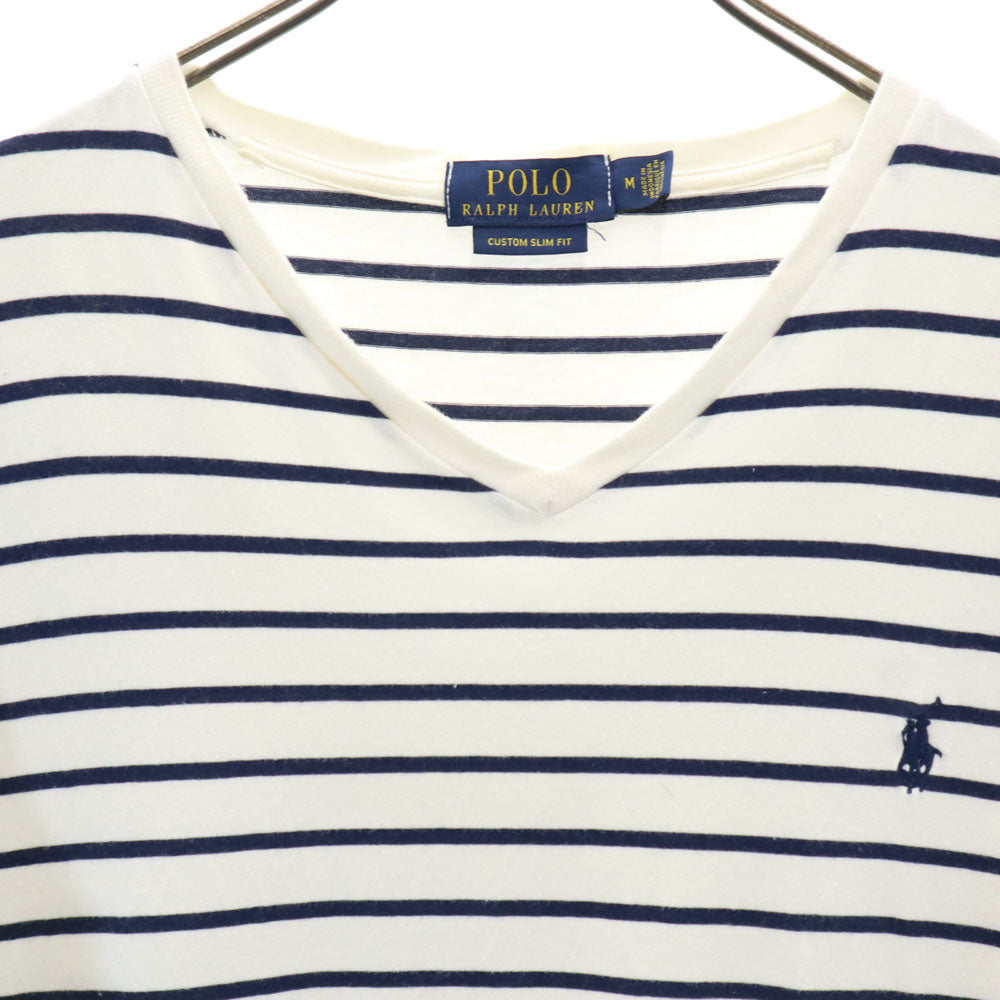 ポロラルフローレン ボーダー柄 半袖 Vネック Tシャツ M ホワイト POLO RALPH LAUREN CUSTOM SLIM FIT メンズ