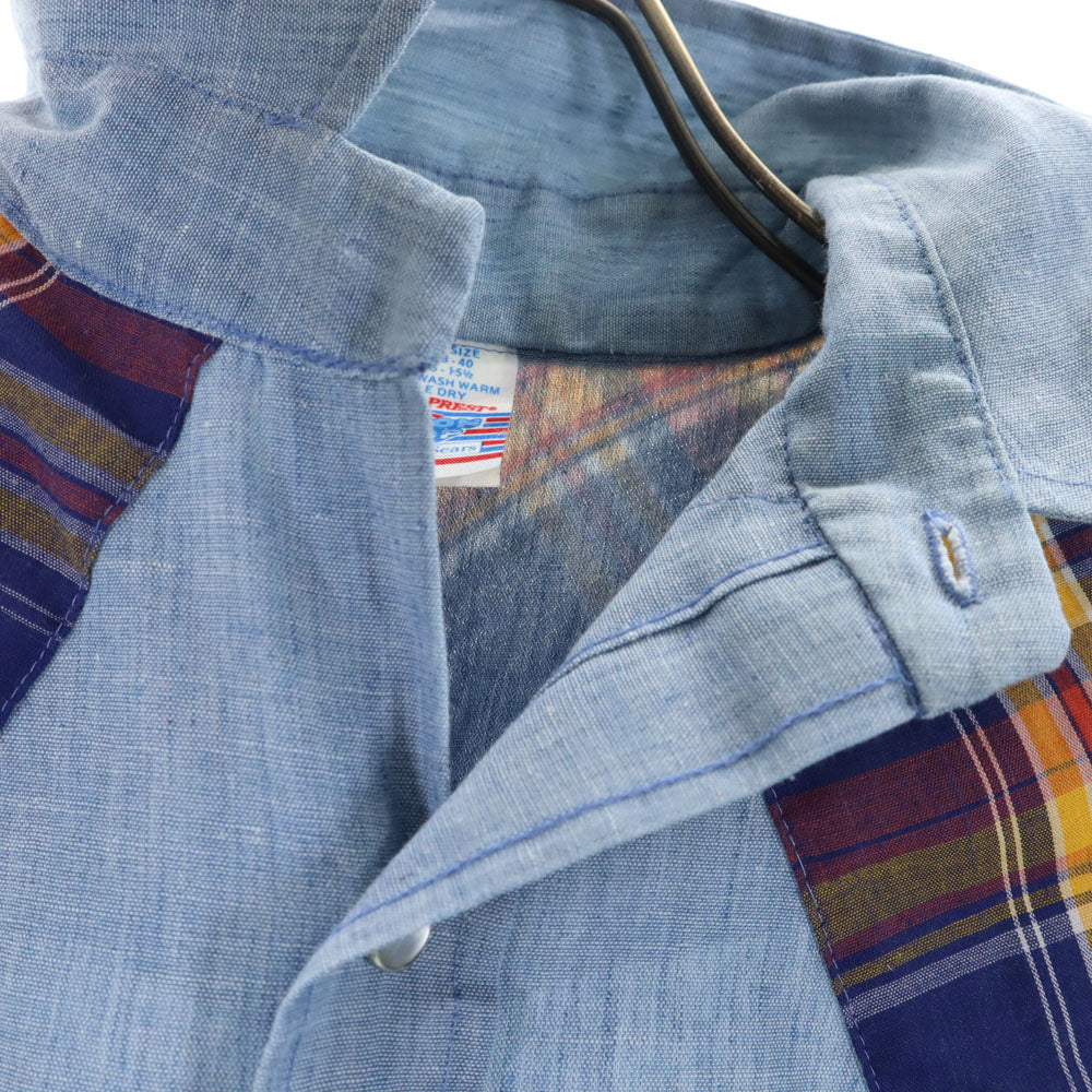 Sears シアーズ 70s ヴィンテージ チェック柄 切替 長袖 ウエスタンシャツ M ブルー系 メンズ