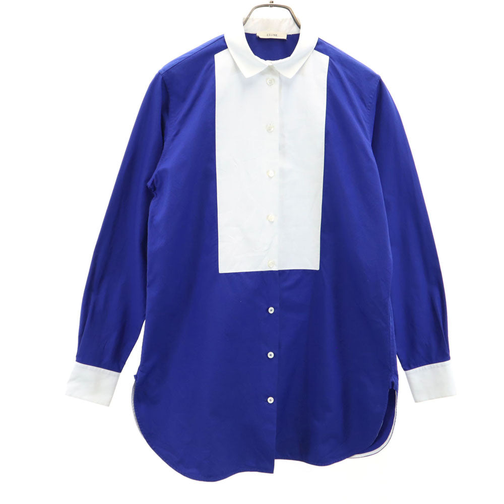 CELINE セリーヌ 長袖 切替 コットンシャツ 36 ブルー×ホワイト レディース