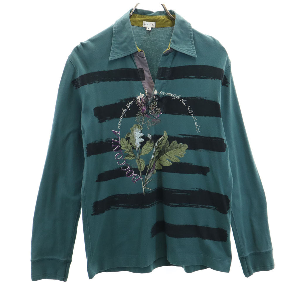 ポールスミス 日本製 プリント 長袖 スキッパー ポロシャツ M グリーン系 Paul Smith ボタンレス メンズ