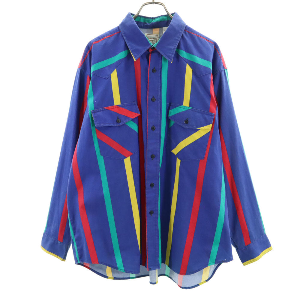 Western Plains Trading CO. 80s 90s オールド ストライプ柄 長袖 シャツ 2X ブルー系 ビッグサイズ メンズ