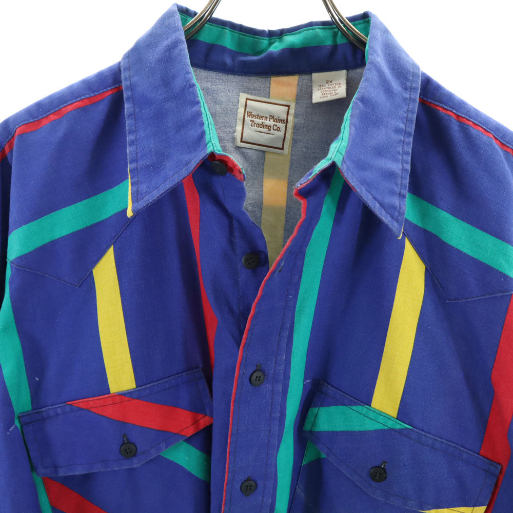 Western Plains Trading CO. 80s 90s オールド ストライプ柄 長袖 シャツ 2X ブルー系 ビッグサイズ メンズ