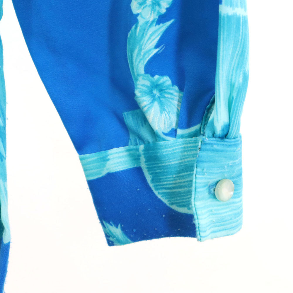 Tori Richard トリリチャード 70s 80s USA製 ヴィンテージ 花柄 長袖 アロハシャツ 10 ブルー レディース