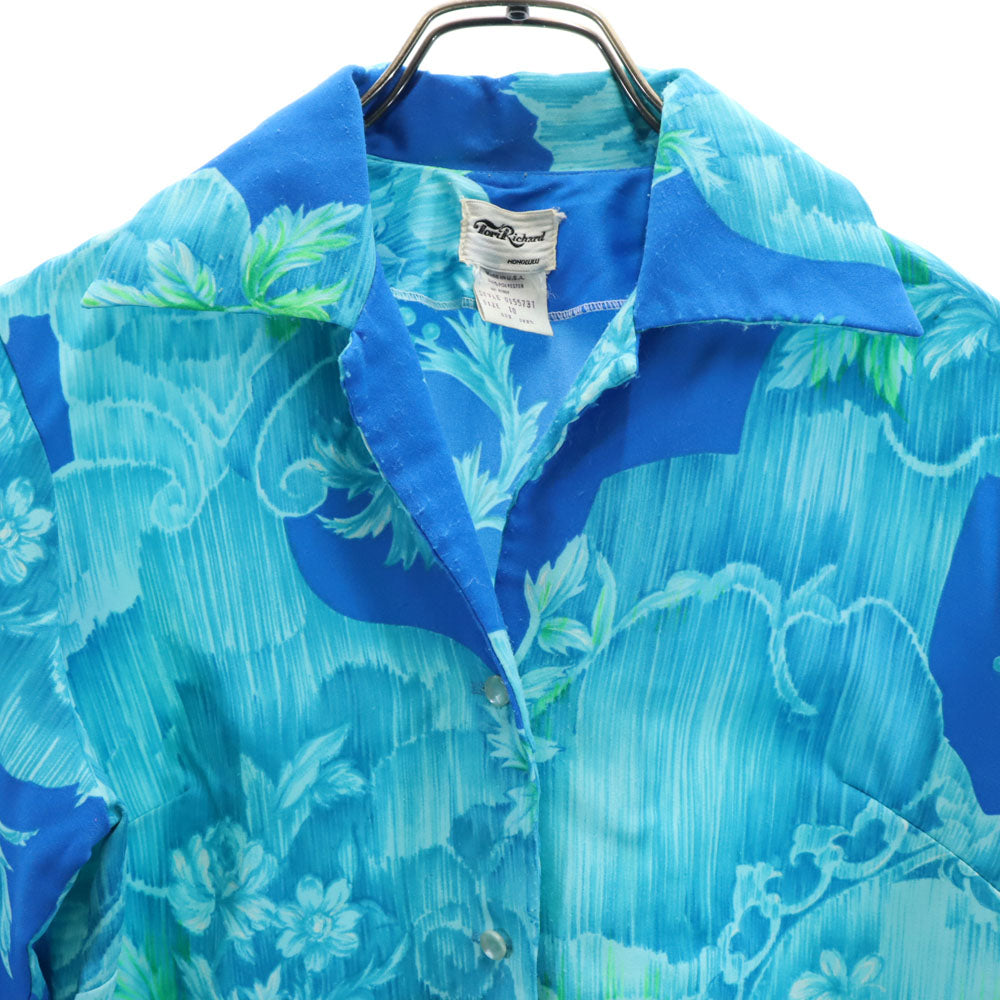 Tori Richard トリリチャード 70s 80s USA製 ヴィンテージ 花柄 長袖 アロハシャツ 10 ブルー レディース