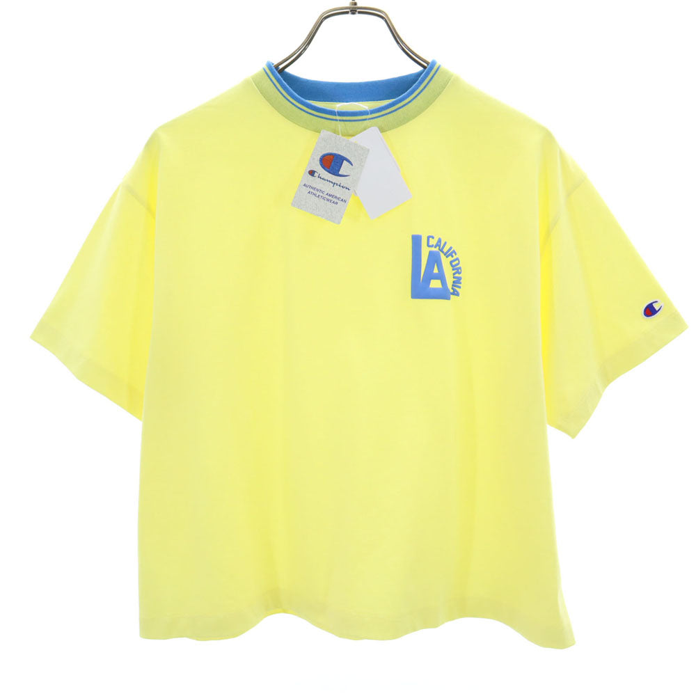 未使用 チャンピオン プリント 半袖 Tシャツ M イエロー×ブルー Champion タグ付き レディース