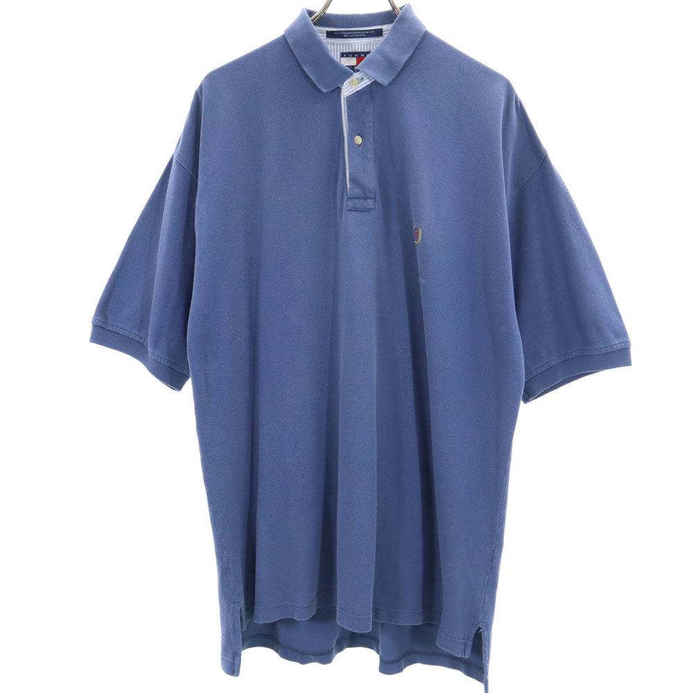 トミーヒルフィガー 90s オールド 半袖 ポロシャツ L ブルー系 TOMMY HILFIGER 鹿の子地 メンズ