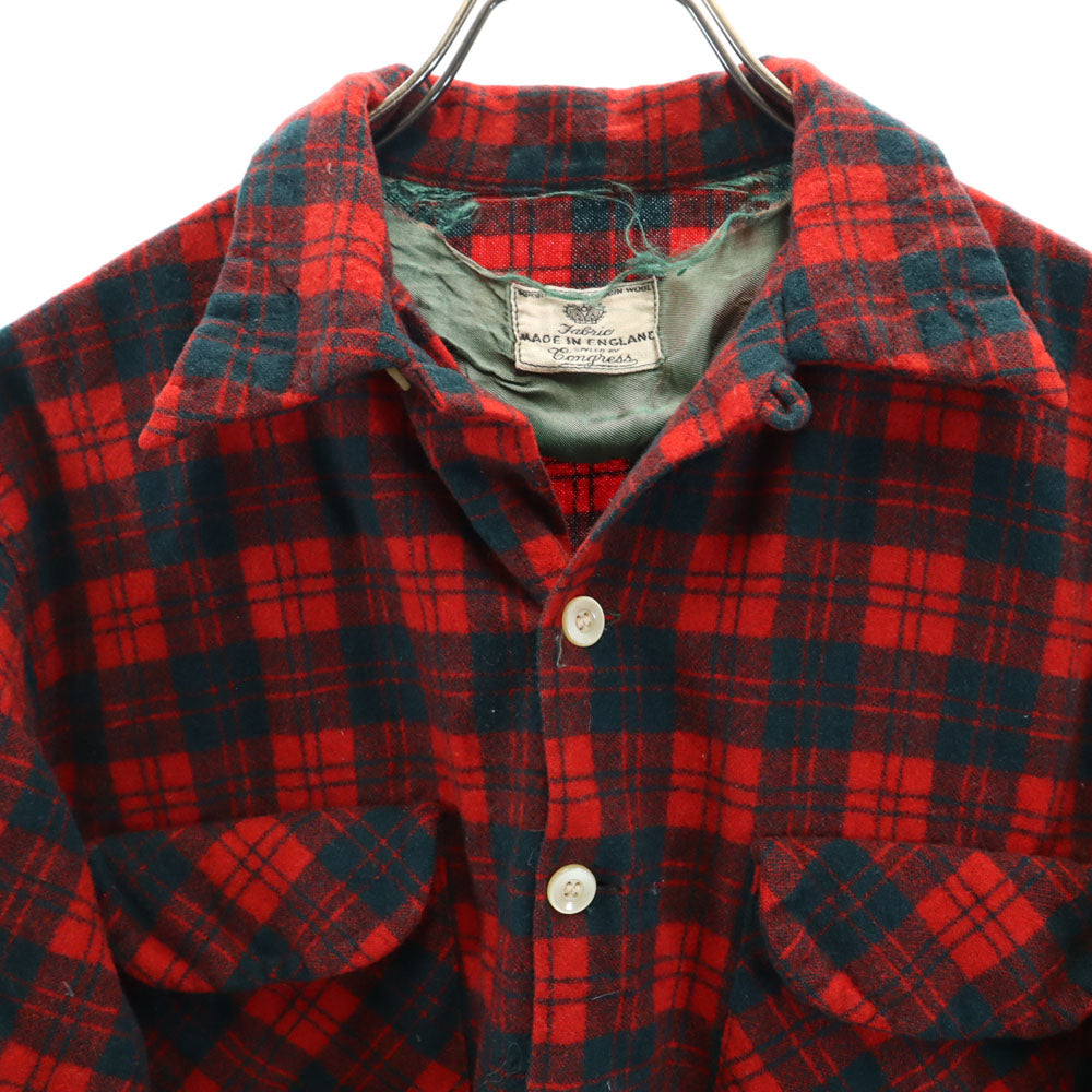 Congress 50s 60s イングランド製 ヴィンテージ チェック柄 長袖 オープンカラー ネルシャツ レッド 他 メンズ