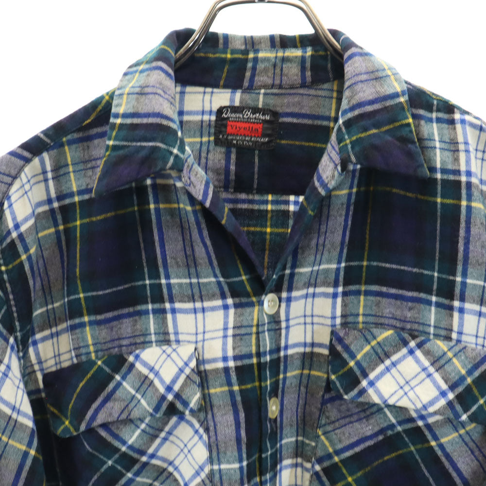 Deacon Brothers 60s 70s ヴィンテージ チェック柄 長袖 オープンカラーシャツ M ネイビー 他 Viyella メンズ
