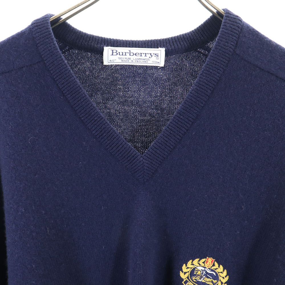 バーバリーズ 90s 英国製 オールド 長袖 Vネック セーター 40 ネイビー Burberrys ニット メンズ