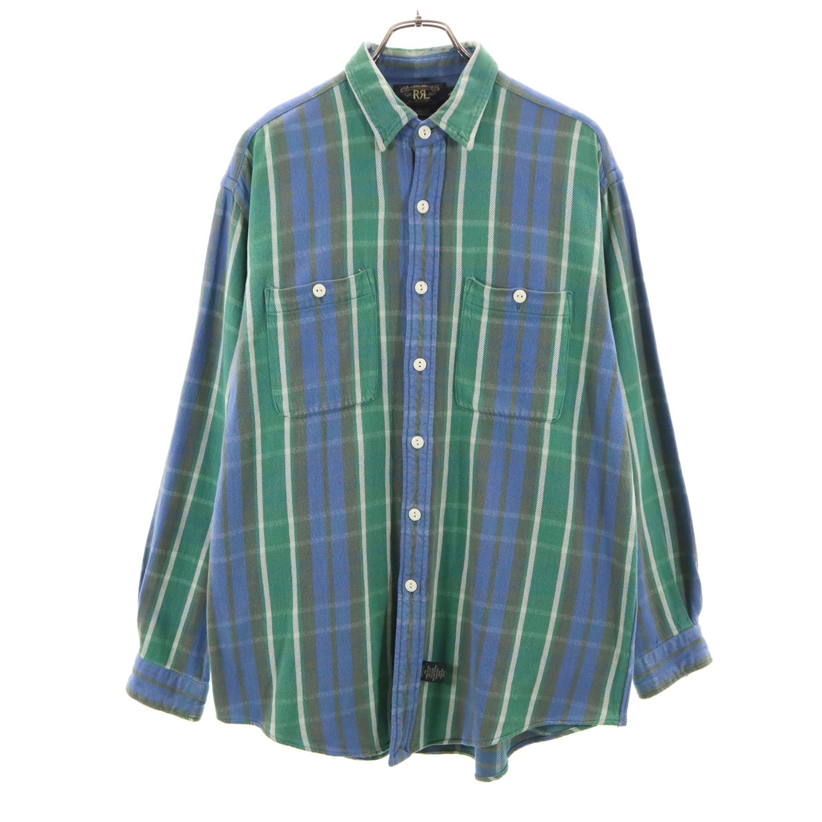 RRL ダブルアールエル 90s 初期タグ 赤3星 オールド チェック柄 長袖 ツイル ワークシャツ L グリーン 他 RALPH LAUREN ラルフローレン メンズ