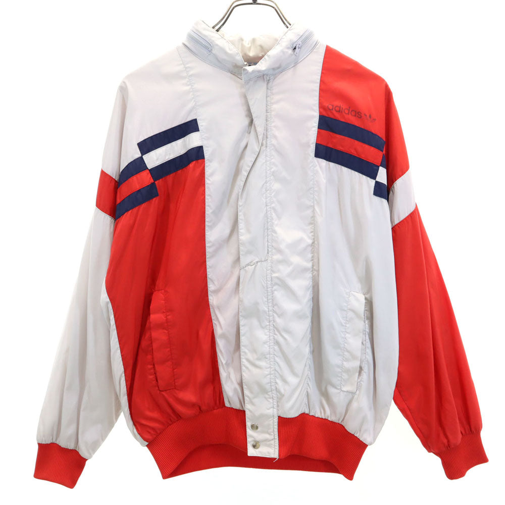 adidas アディダス 80s ヴィンテージ 万国旗タグ トレフォイルロゴプリント ナイロンジャケット S グレー×レッド 裏メッシュ メンズ