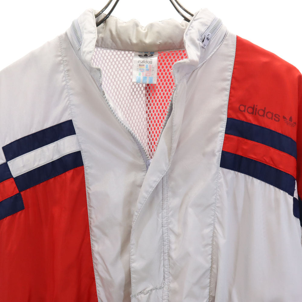 adidas アディダス 80s ヴィンテージ 万国旗タグ トレフォイルロゴプリント ナイロンジャケット S グレー×レッド 裏メッシュ メンズ