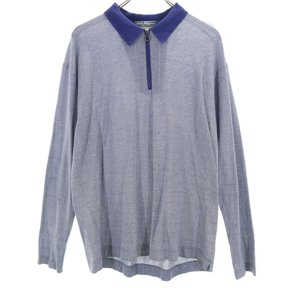Salvatore Ferragamo サルヴァトーレフェラガモ イタリア製 チェック 長袖 ポロシャツ L グレー系 ジップ メンズ