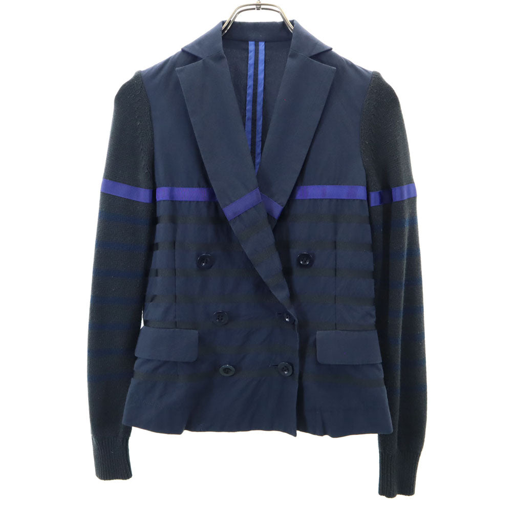 sacai luck サカイラック 日本製 ボーダー柄 ニット切替 ダブル ブレザー 1 ネイビー アンコン レディース