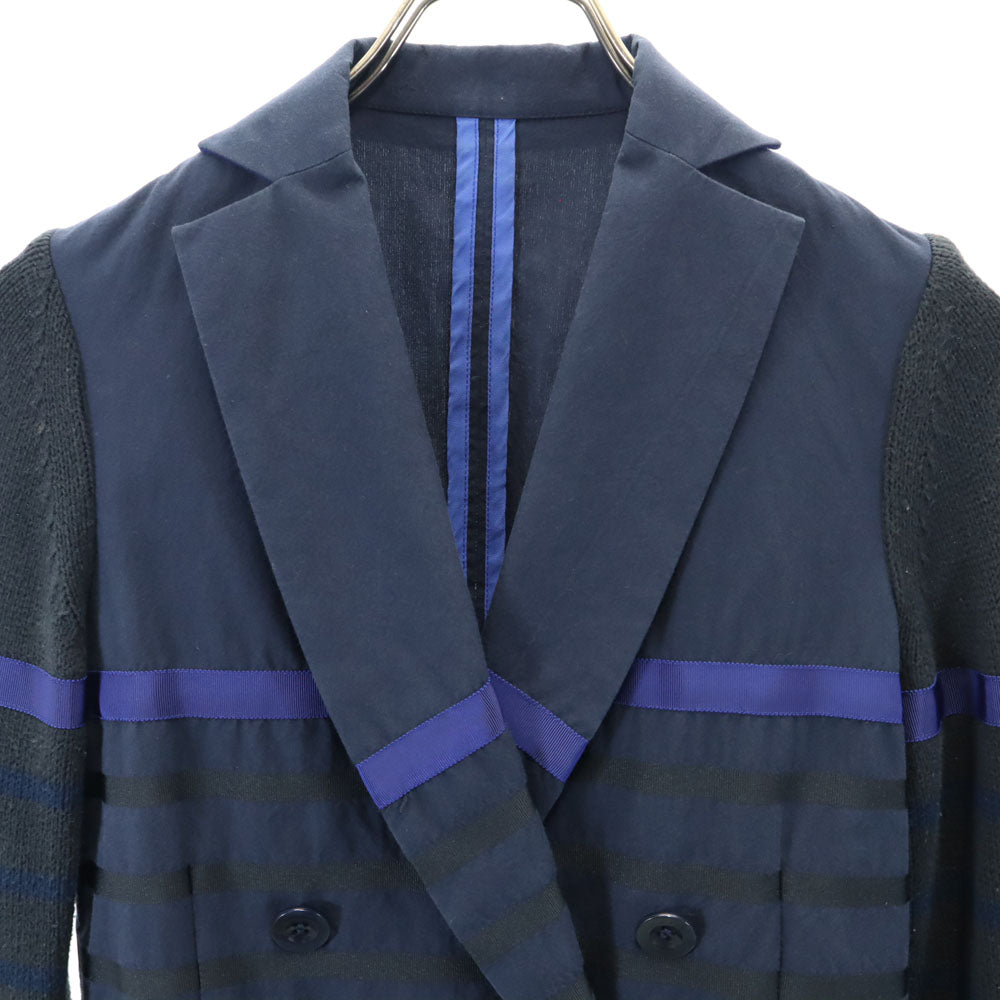 sacai luck サカイラック 日本製 ボーダー柄 ニット切替 ダブル ブレザー 1 ネイビー アンコン レディース