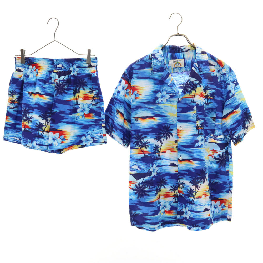 トロピカルエッセンス 90s USA製 オールド パームツリー柄 半袖 アロハシャツ 上下 セットアップ L ブルー Tropical Essence ショートパンツ ビーチウェア ハイビスカス メンズ